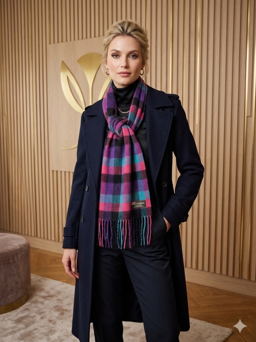 100% Cashmere Wool Blend Plaid Scarf in Pink & Purple - Classic Winter Accessory